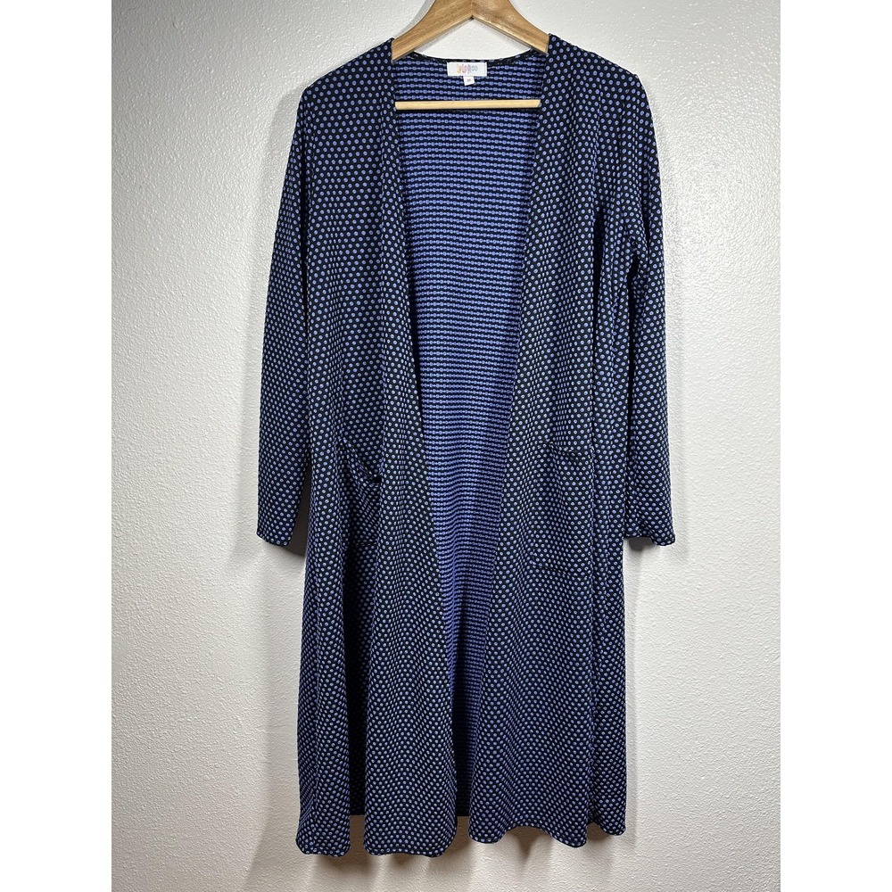 LuLaRoe Cardigan Womens Medium Blue Black Polka Dot Open Front Duster Pockets
